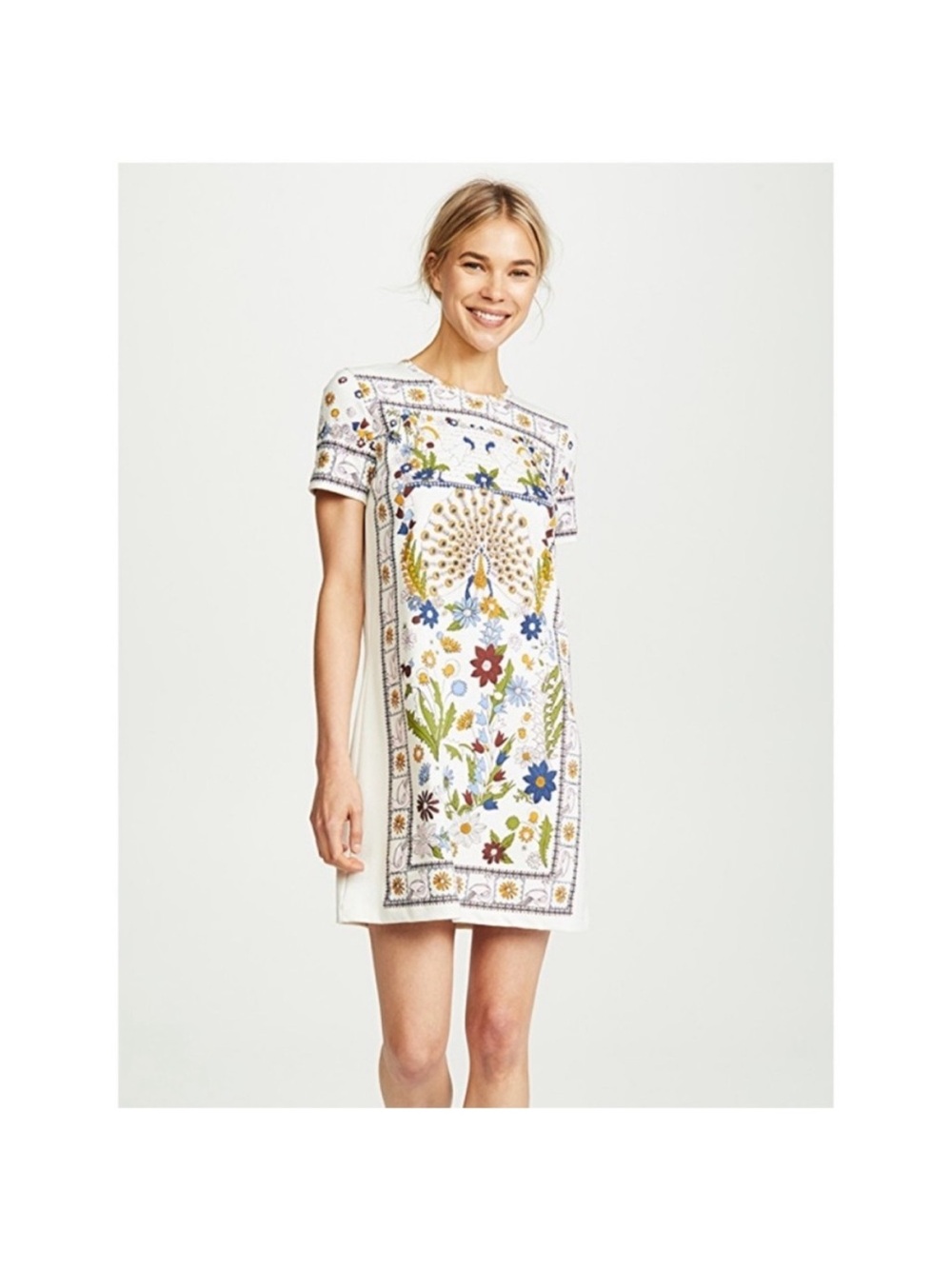TORY BURCH Kerry Meadow Peacock Printed Pima Cotton Tee Shirt Dress in Cream